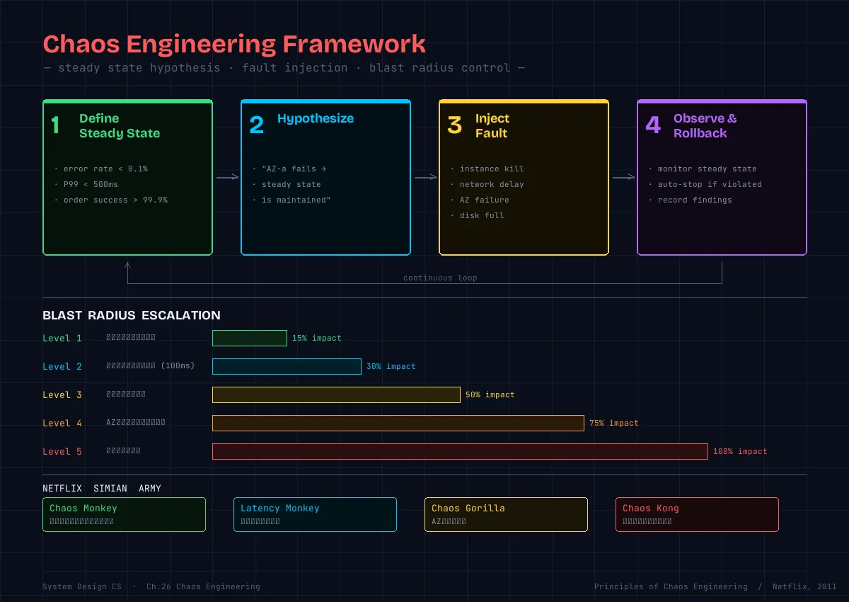 Chaos Engineering Framework — 4ステップとBlast Radius段階図